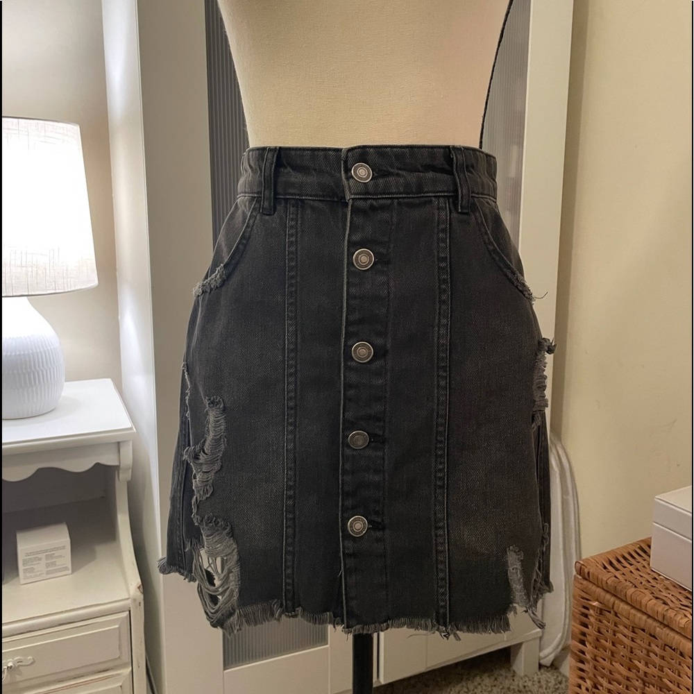 Free People Distressed Black Denim Mini Skirt